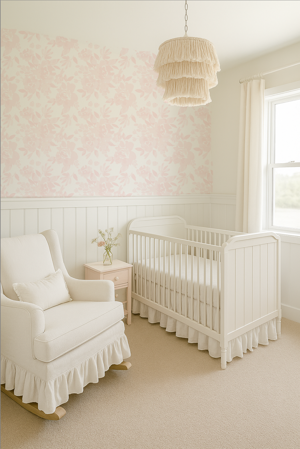 blush pink floral wallpaper crib rocking chair baby nursery with chandelier