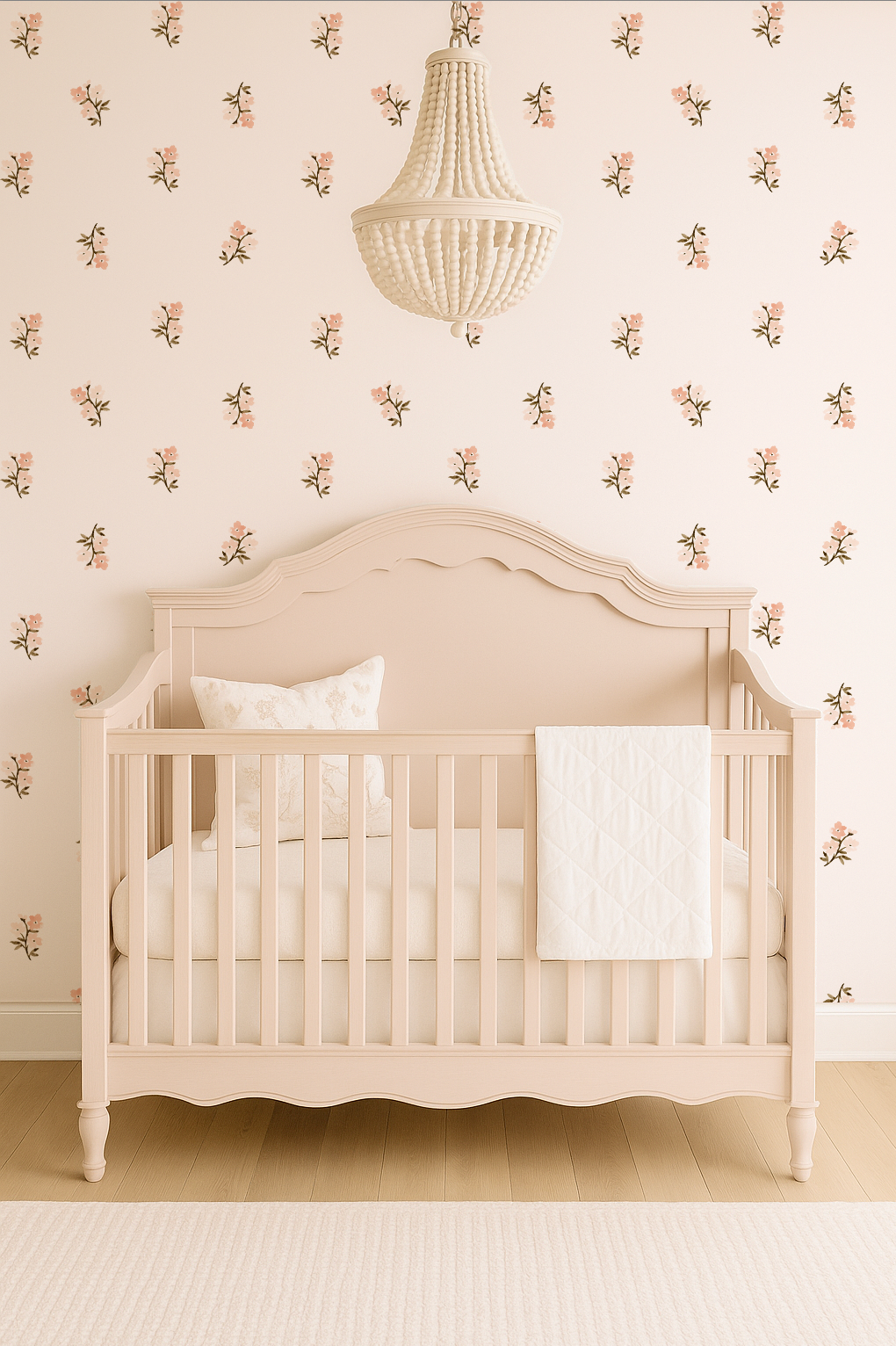 Beige crib with white bedding against a floral wallpaper wall.