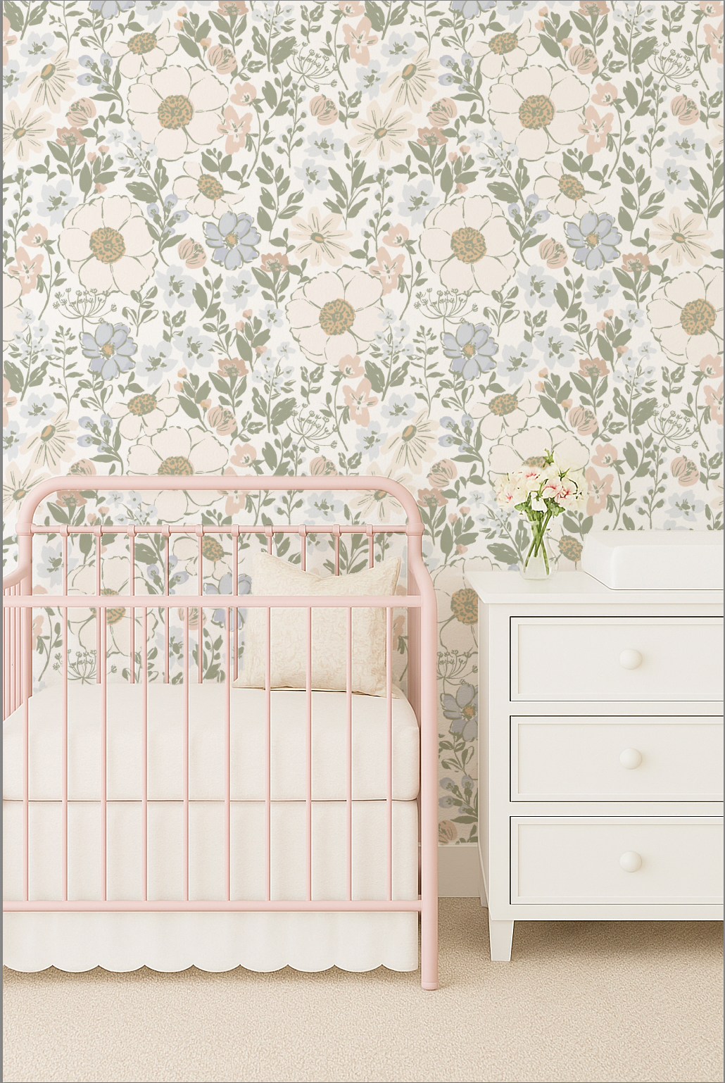 Nursery with floral wallpaper, pink crib, and white dresser.