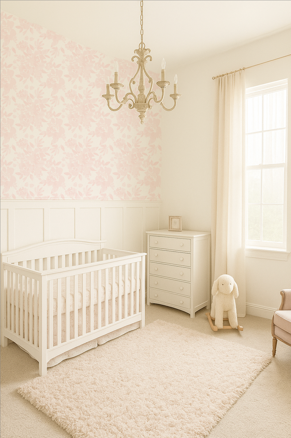 blush pink baby nursery floral wallpaper crib desk large window