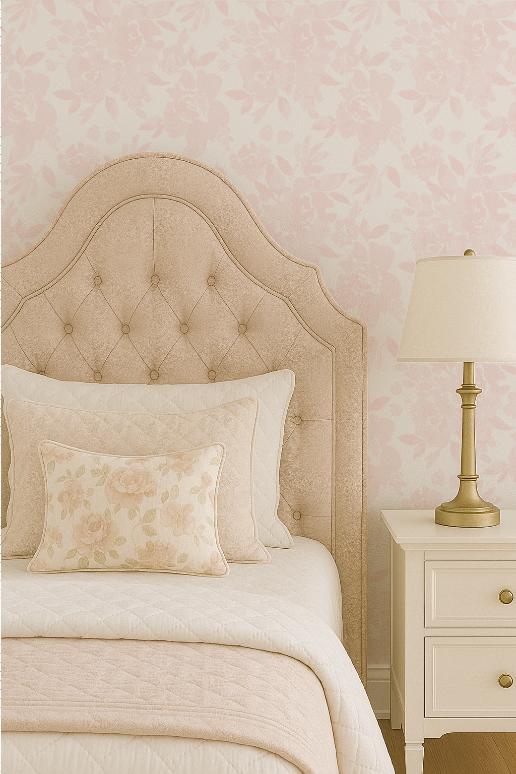 blush pink floral peel and stick wallpaper floral bedding headboard and white nightstand