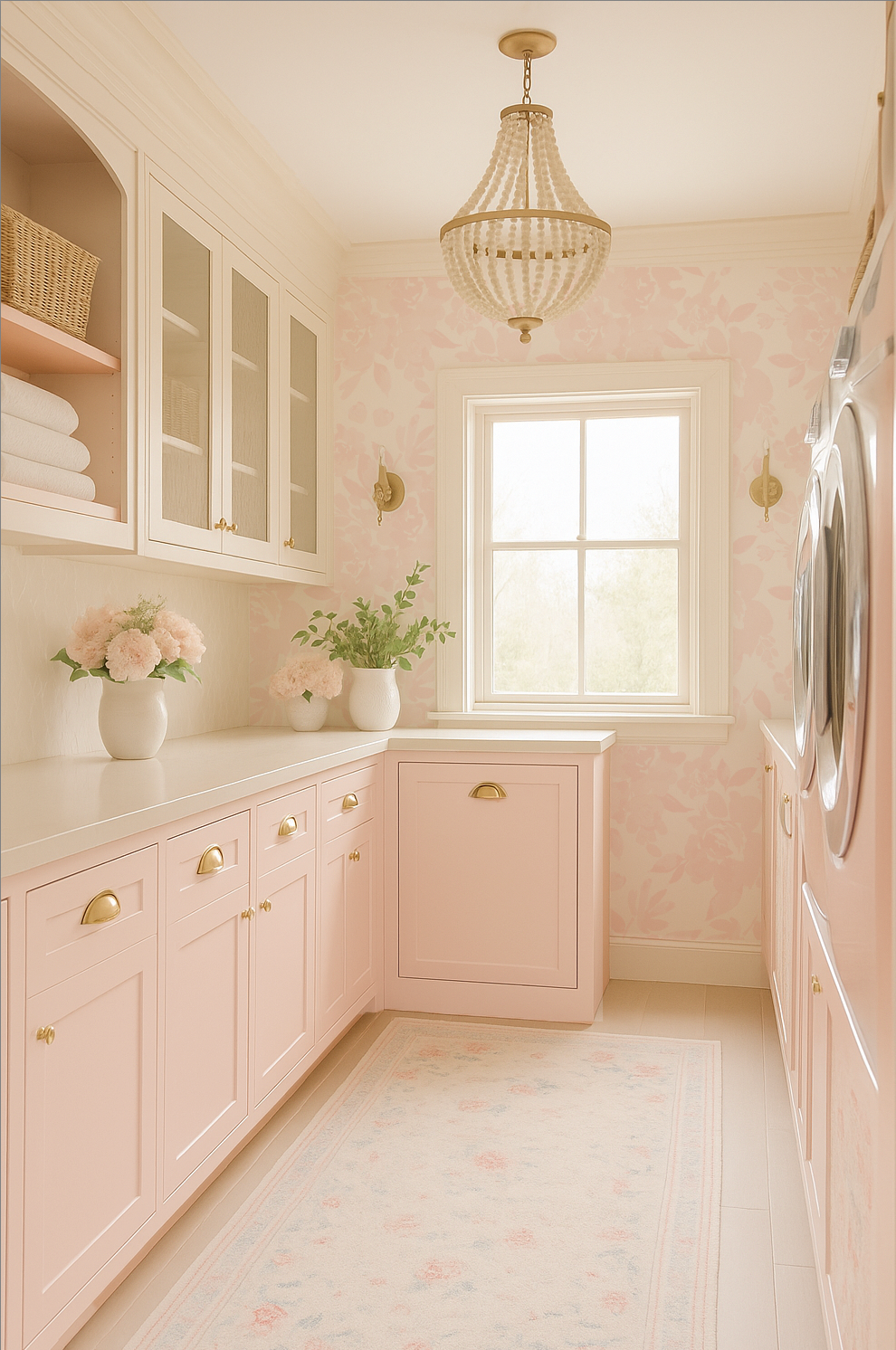 Laundry room blush pink floral wallpaper beaded chandelier cabinets