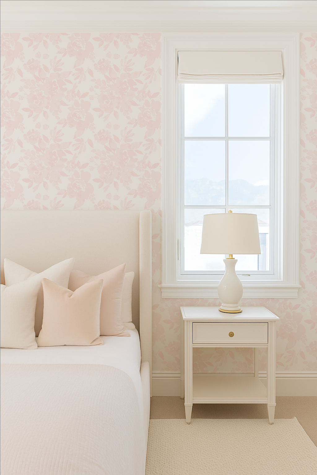 womens primary bedroom blush pink floral wallpaper