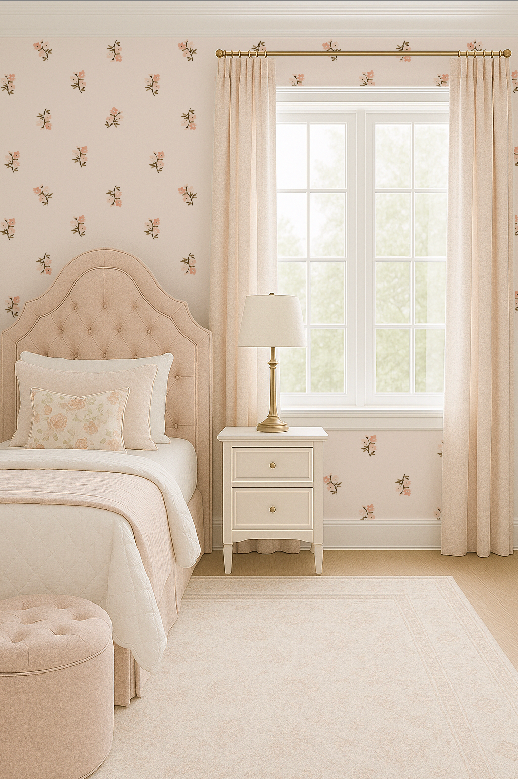 Neatly decorated bedroom with a bed, nightstand, and lamp. cottage core wallpaer