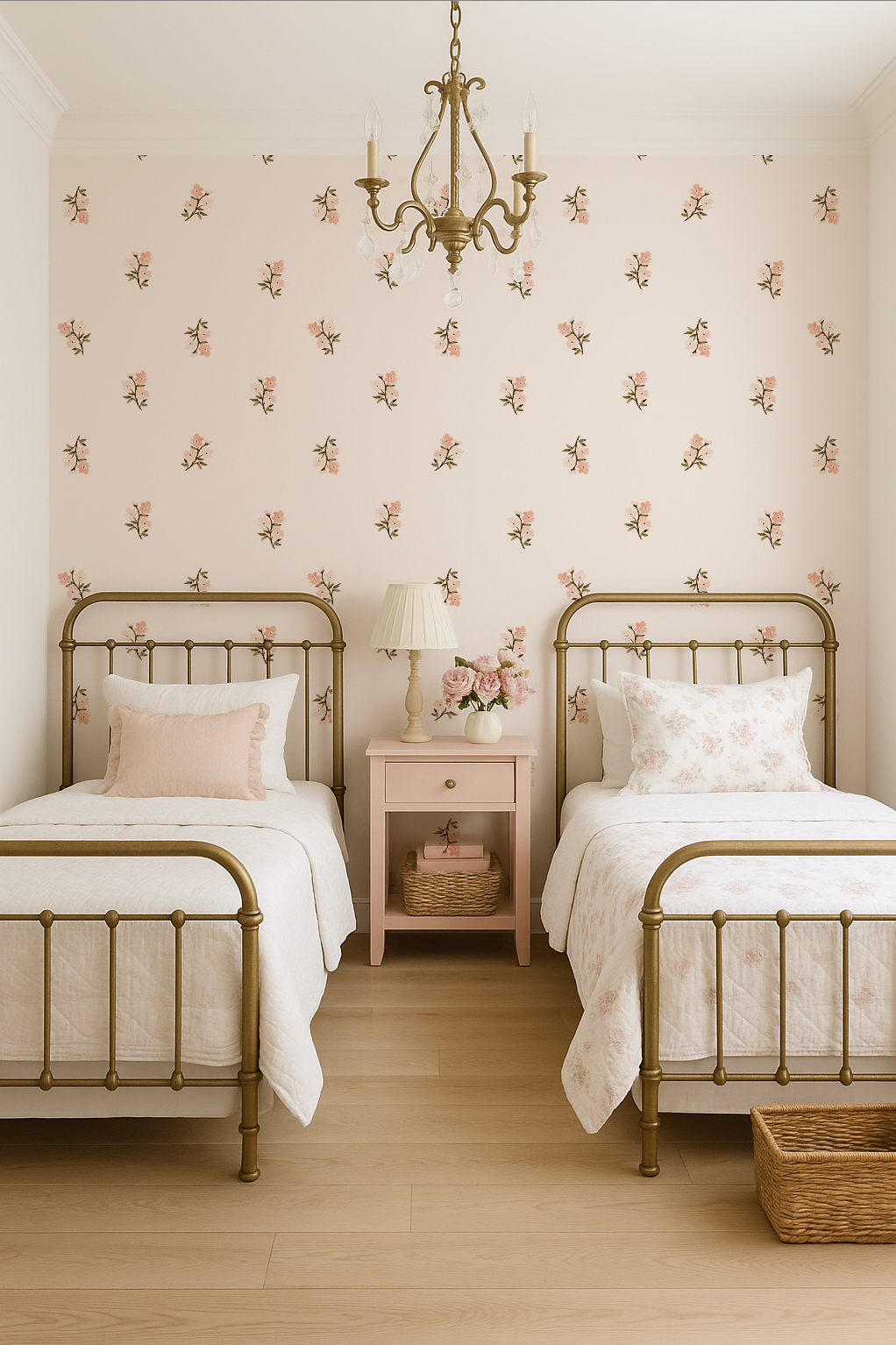 Two twin beds with brass frames in a room with floral wallpaper and a chandelier.