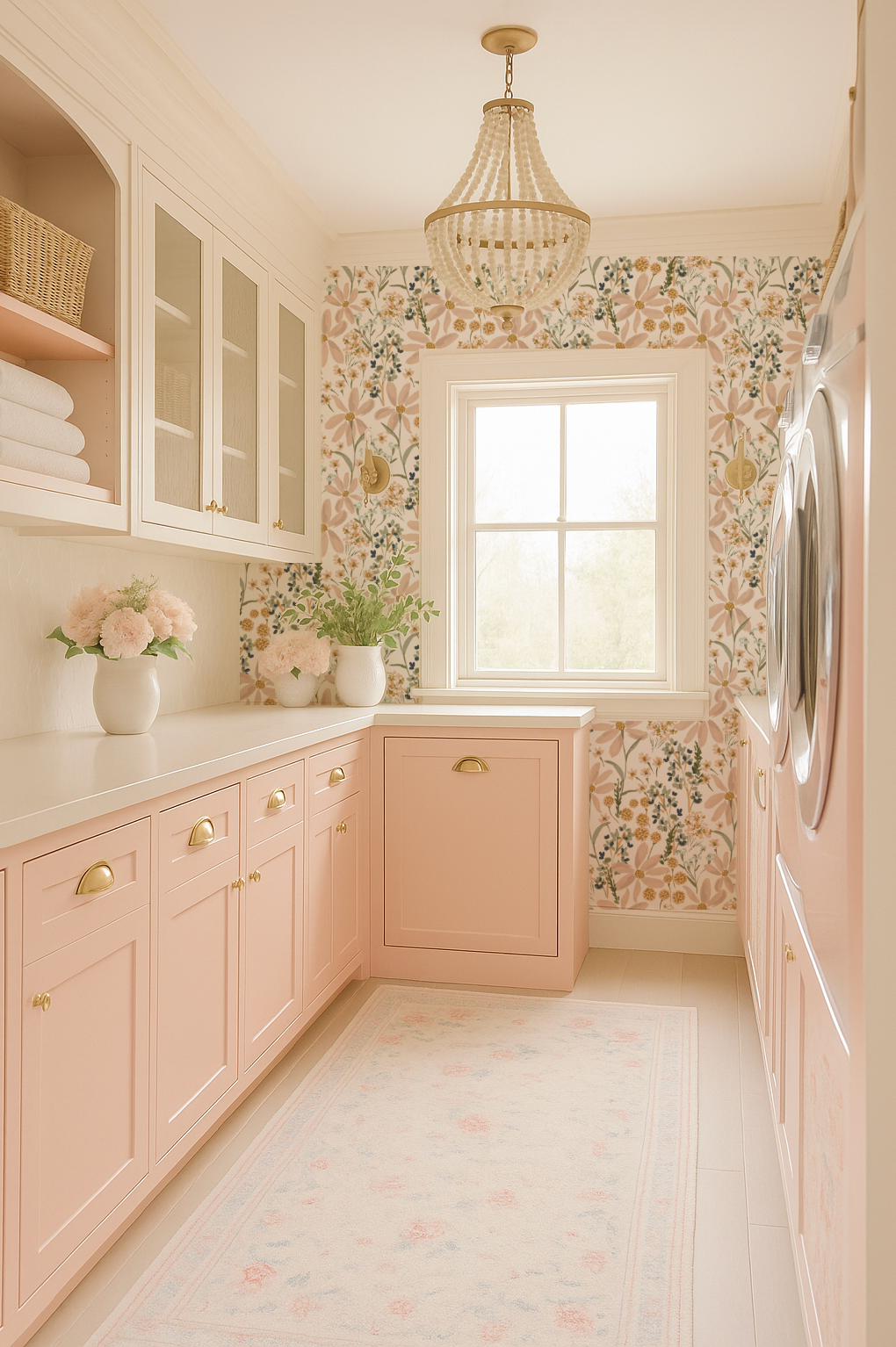 Pink cabinet laundry room with beaded chandelier and floral wallpaper