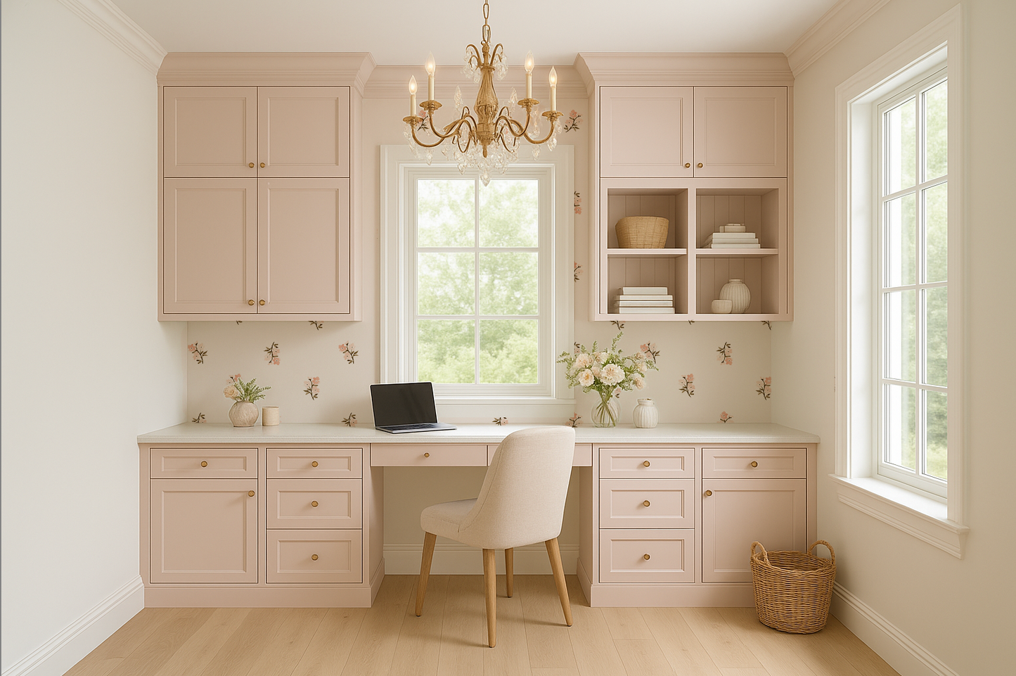 Home office with built-in pink wooden desk, chair, and cabinets.