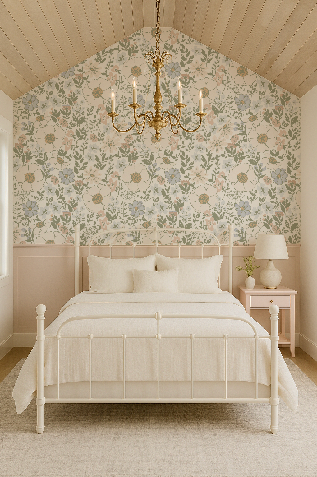 Neatly made bed in a bedroom with floral wallpaper and a chandelier.