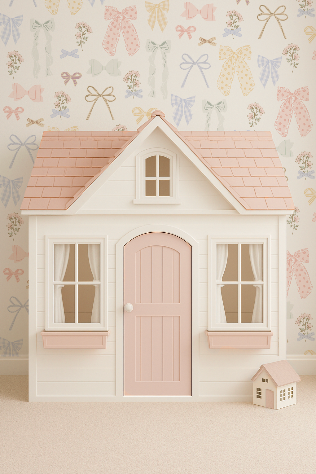 Small dollhouse with a pink door and roof on a neutral background
