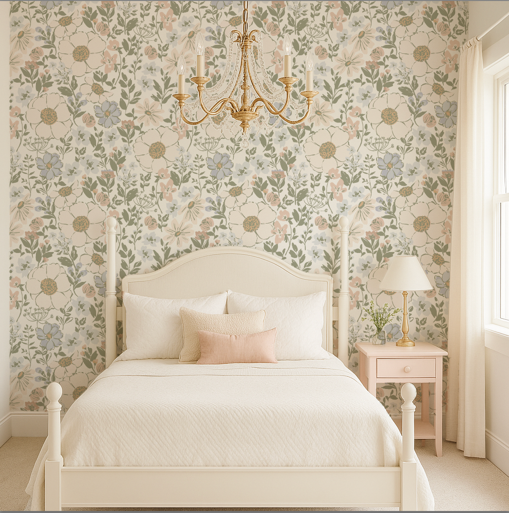 Neatly made bed in a bedroom with floral wallpaper and a chandelier.