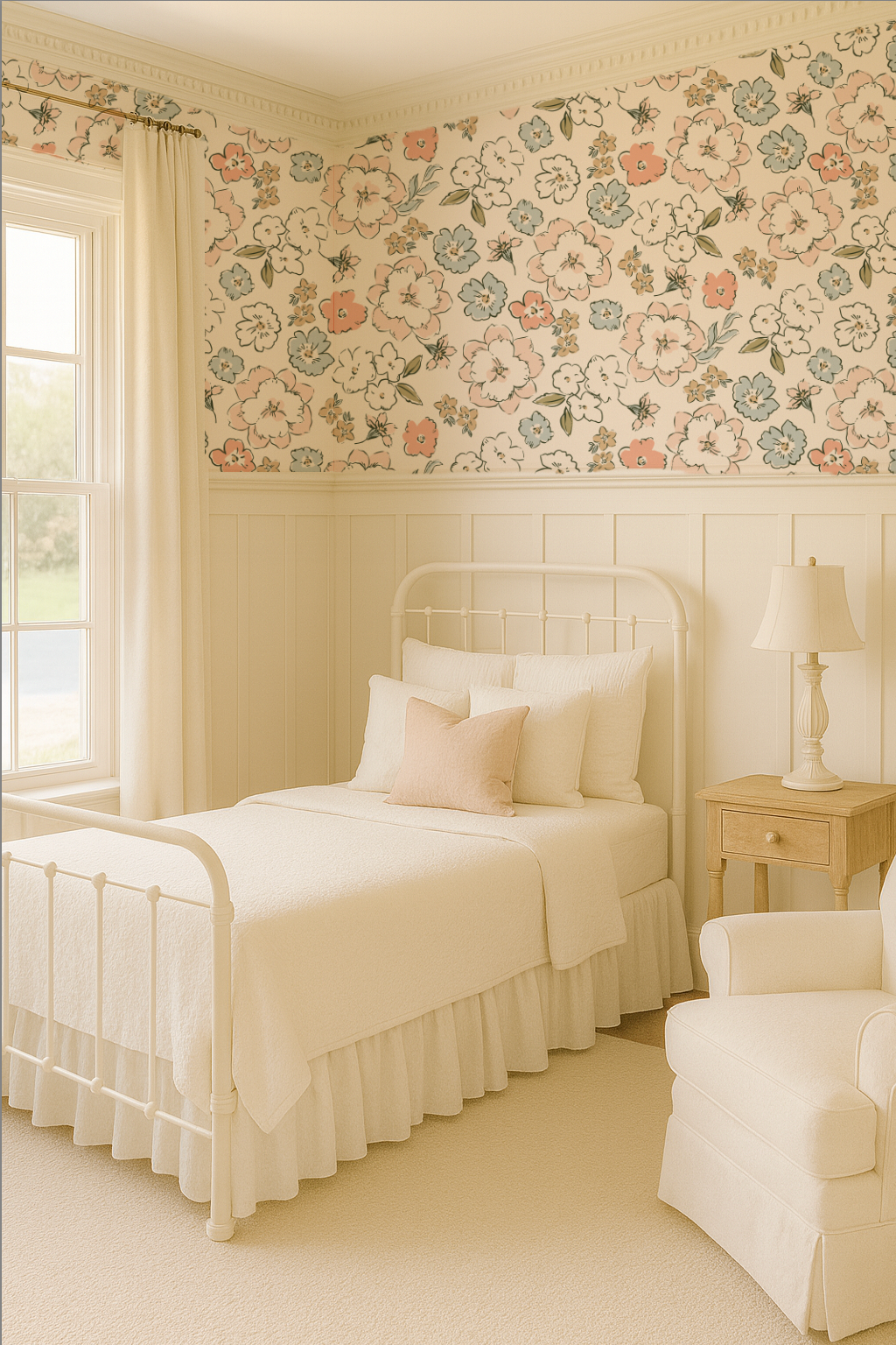 Neatly made bed in a bedroom with floral wallpaper and a lamp on a nightstand.