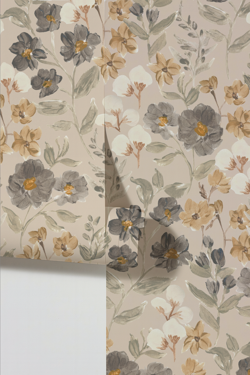 Floral wallpaper design with gray, beige, and white flowers on a neutral background