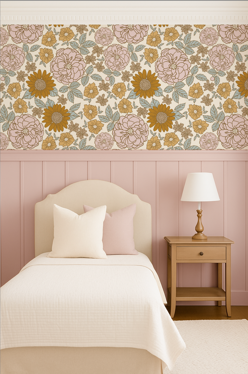 Bedroom with floral wallpaper, bed, and nightstand.