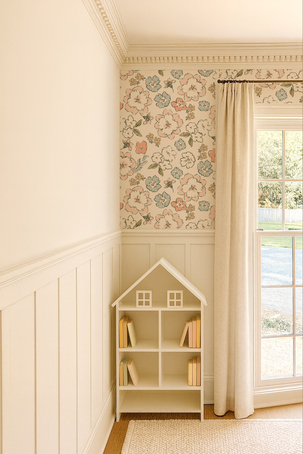 White bookshelf in a room with floral wallpaper and a window.