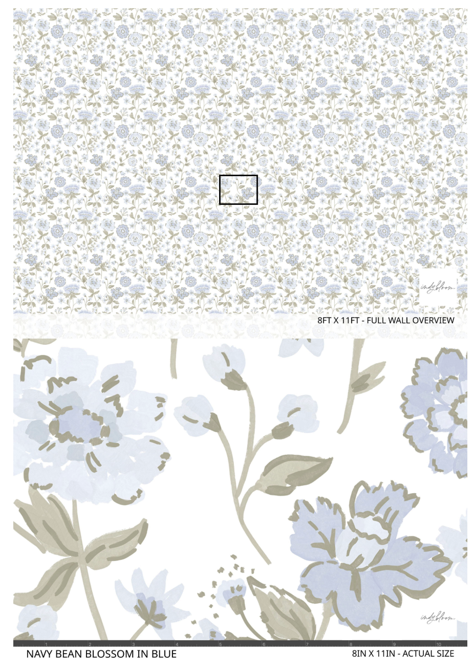Blue and muted green florals peel and stick floral wallpaper
