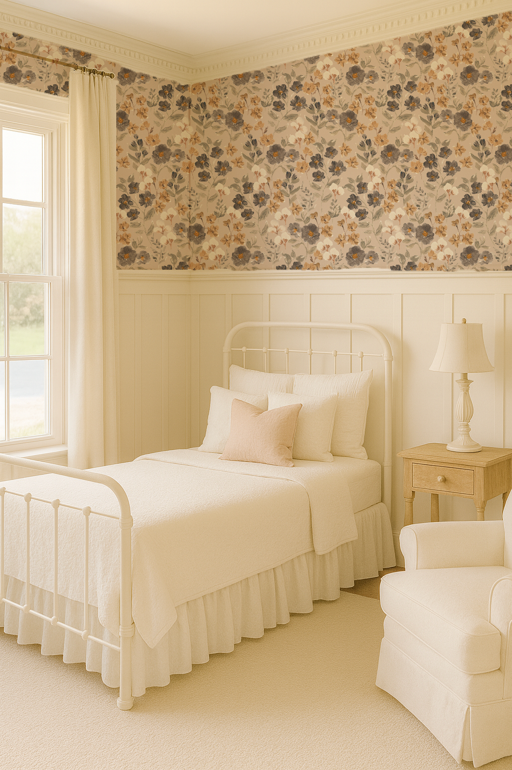 Neatly made bed in a bedroom with floral wallpaper and a lamp on a nightstand.