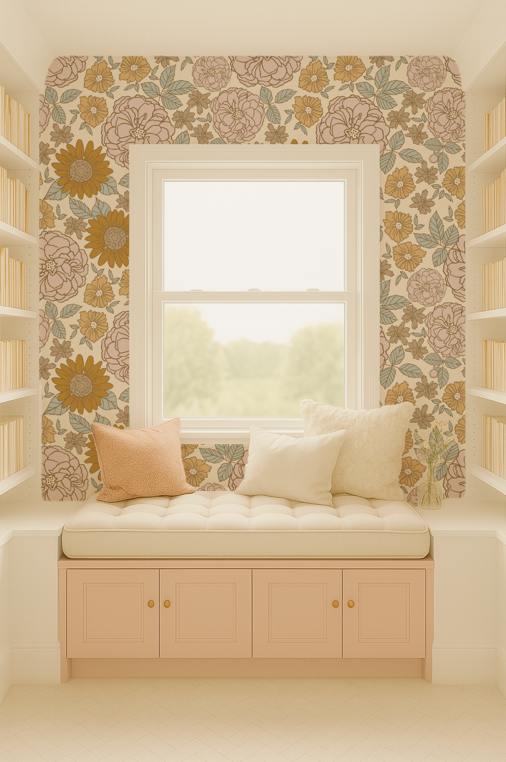 Window seat with floral wallpaper and decorative pillows in a room with bookshelves.