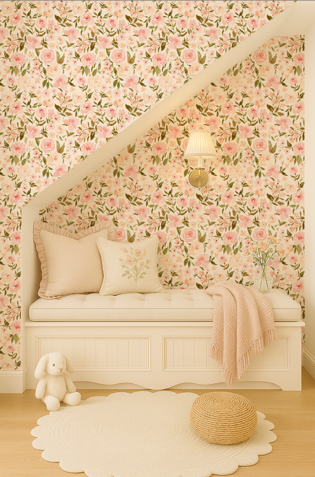 White bench with decorative pillows against a floral wallpaper wall.