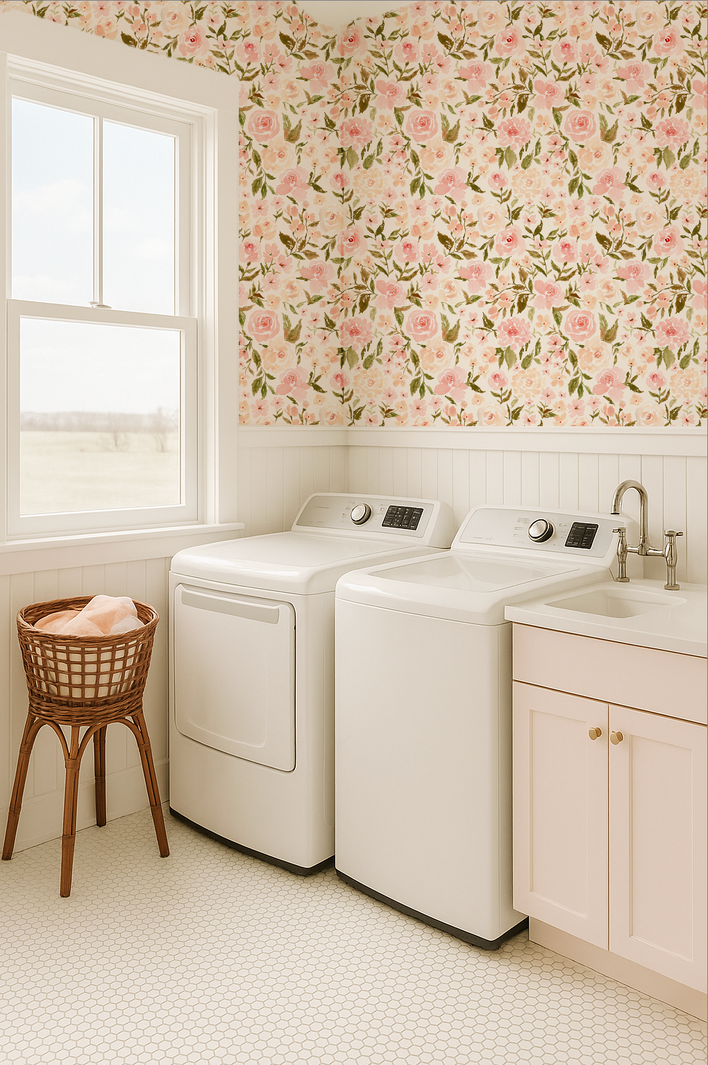 Laundry room with white washer and dryer, floral wallpaper, and a small stool.