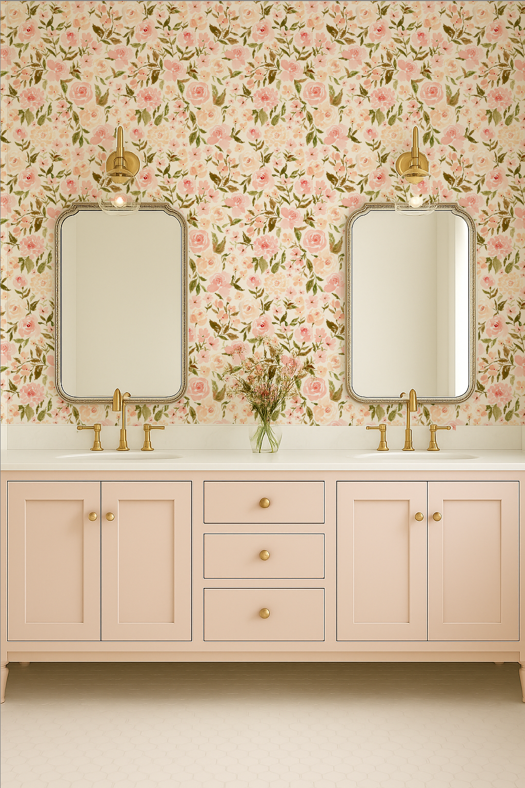 Bathroom vanity with floral wallpaper and decorative elements.