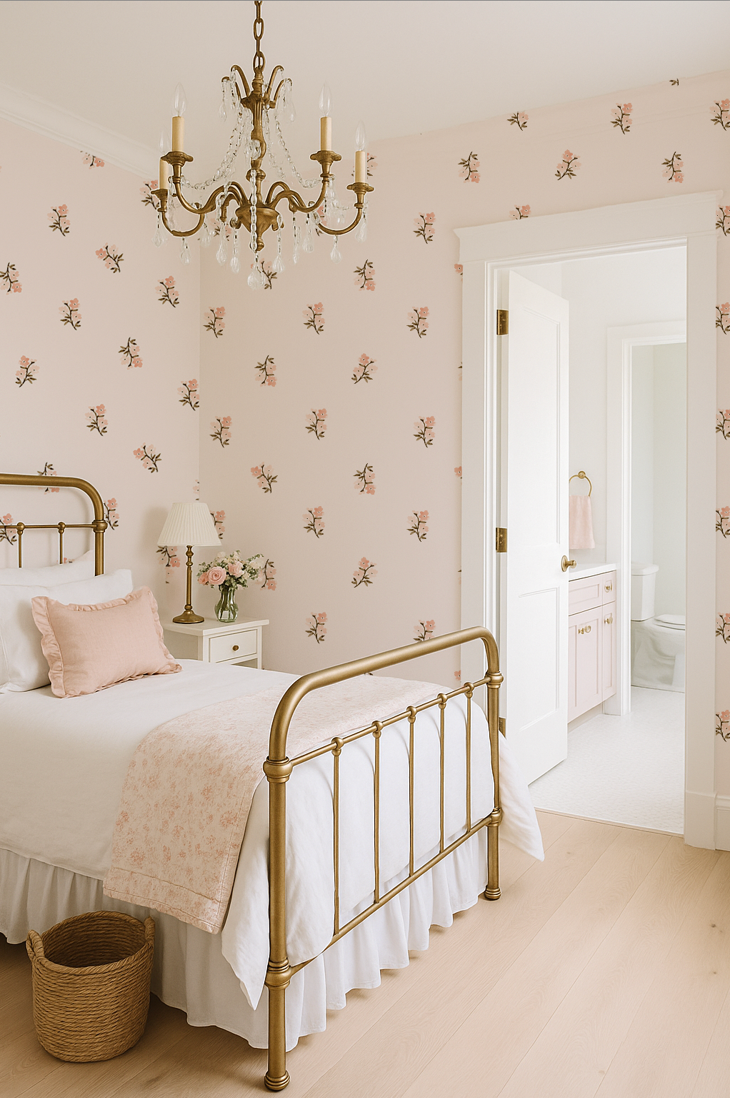 Neatly made bed with gold frame in a bedroom with floral wallpaper.