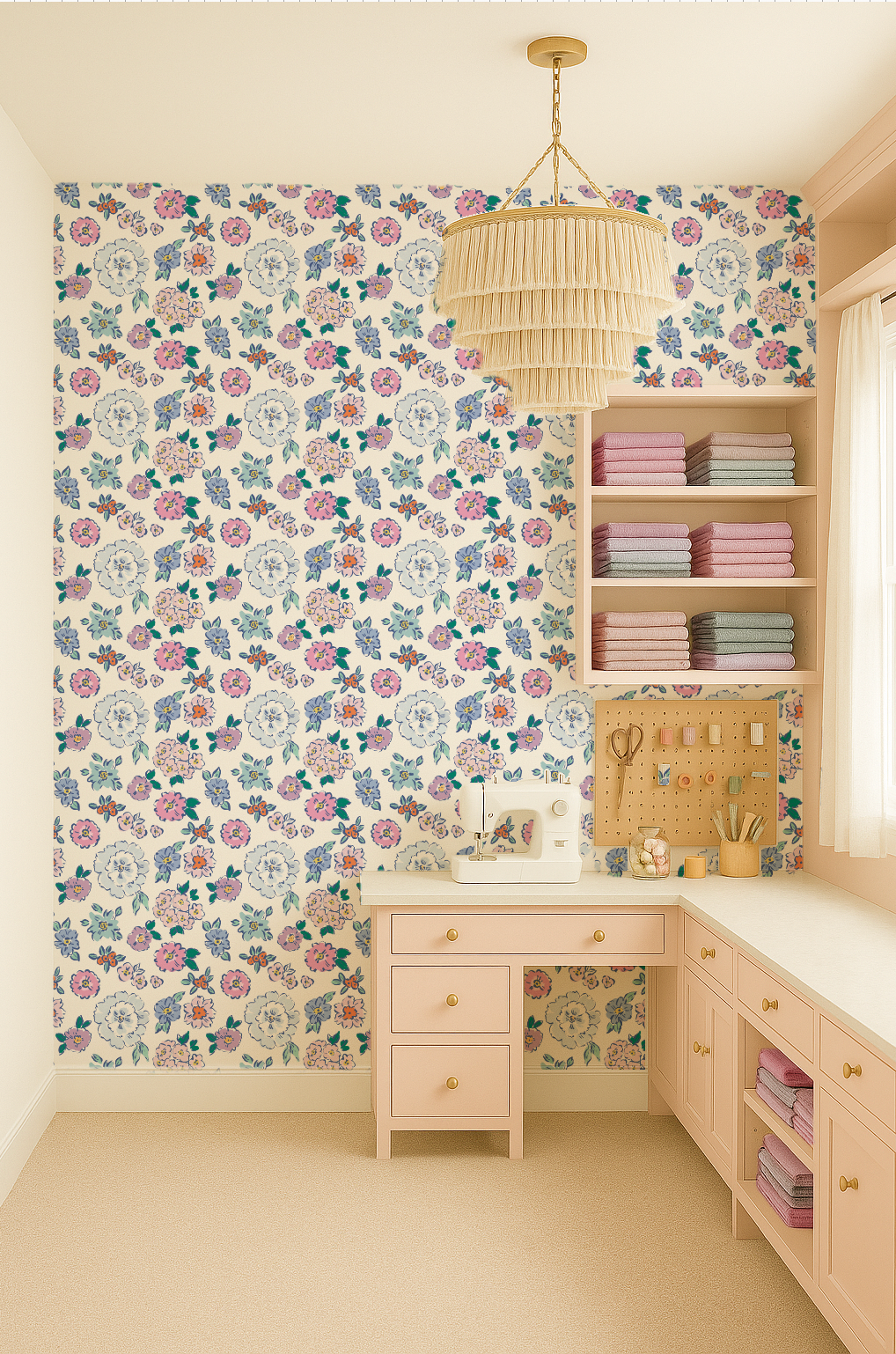 Room interior with floral wallpaper, shelves, and a desk.