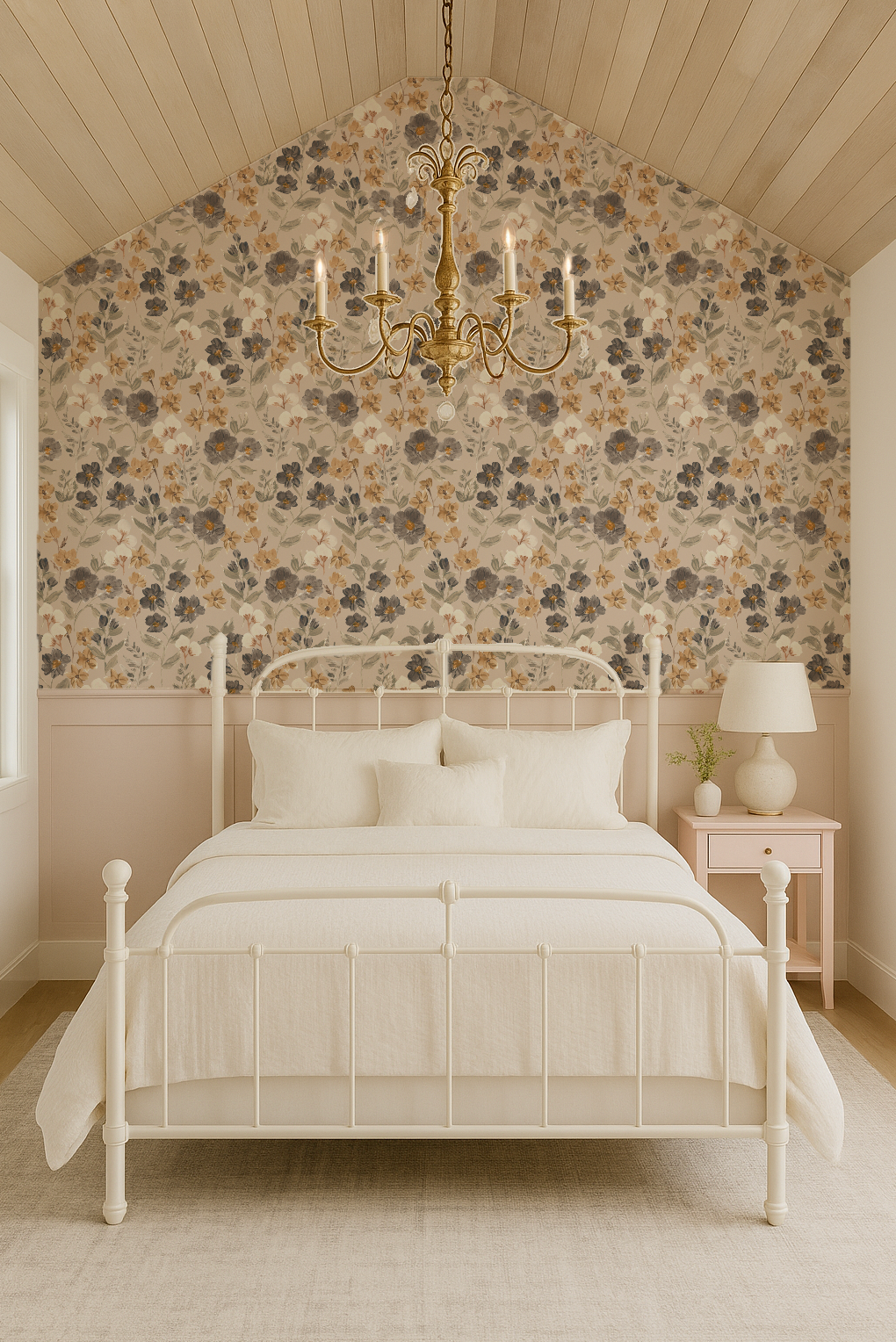 Neatly made bed in a bedroom with floral wallpaper and a chandelier.