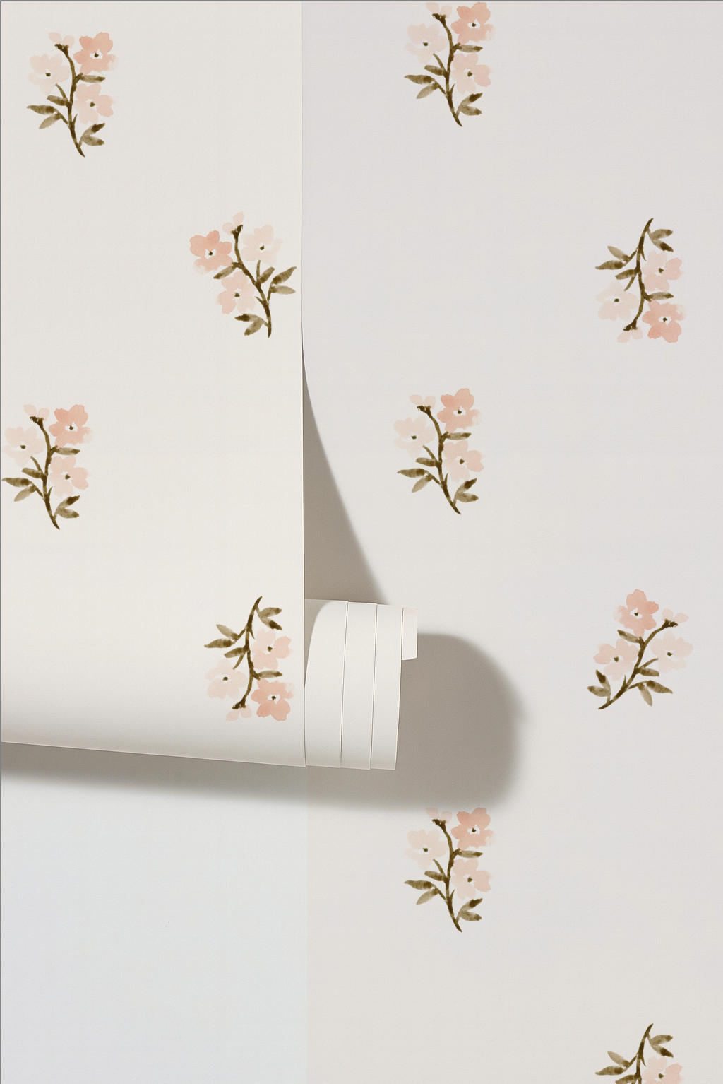 Roll of floral wallpaper on a white background pink florals
