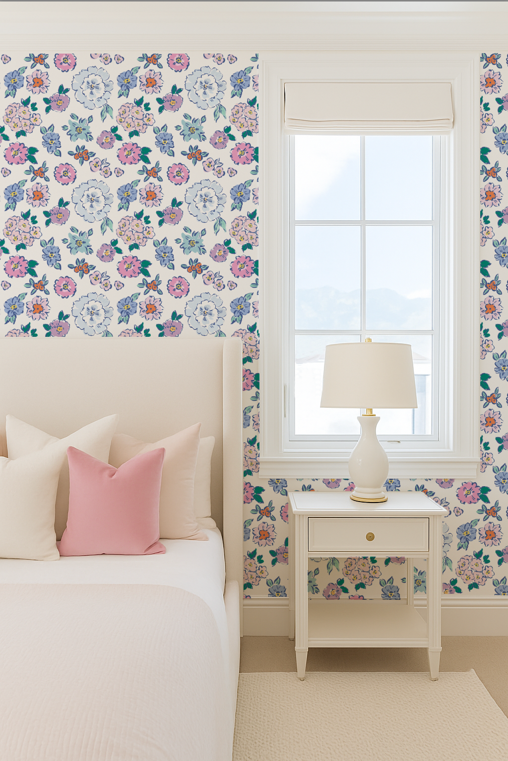 Bedroom with floral wallpaper, bed, and nightstand.