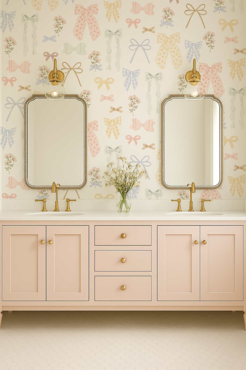 Bathroom vanity with two mirrors, gold fixtures, and a decorative wallpaper with bows.