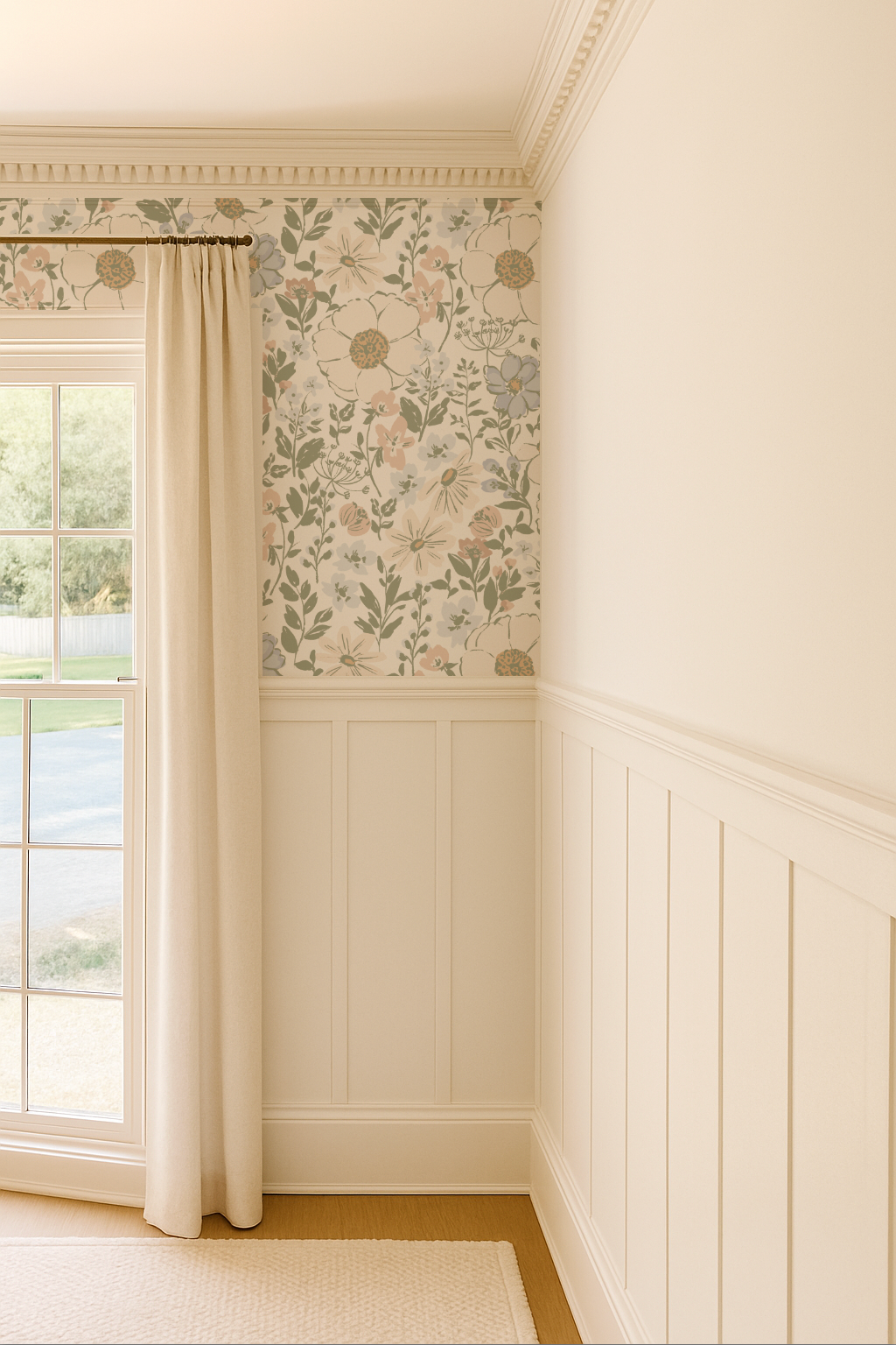 Room interior with floral wallpaper, window, and white wainscoting.