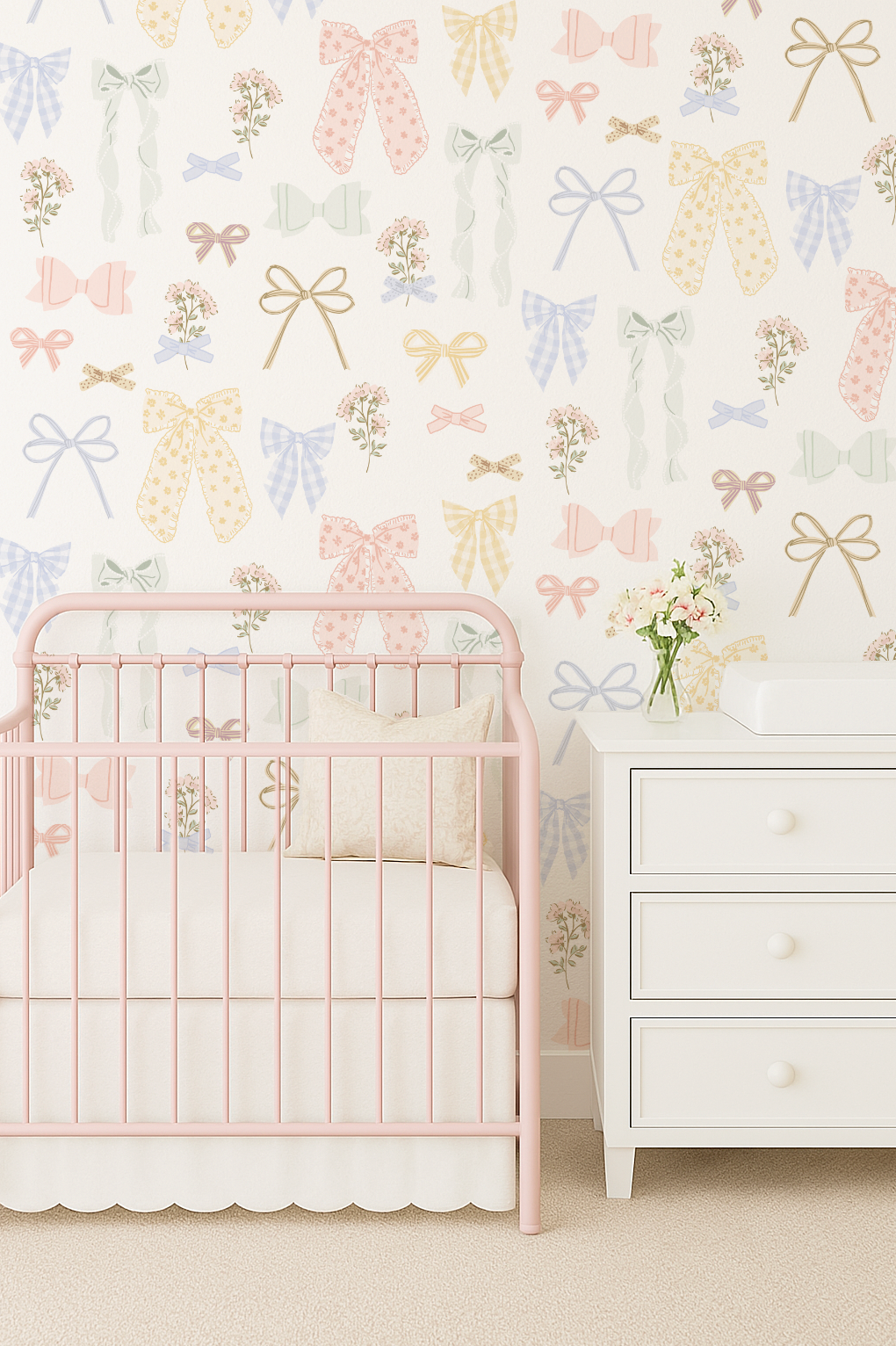 Nursery room with pink crib and floral bow wallpaper