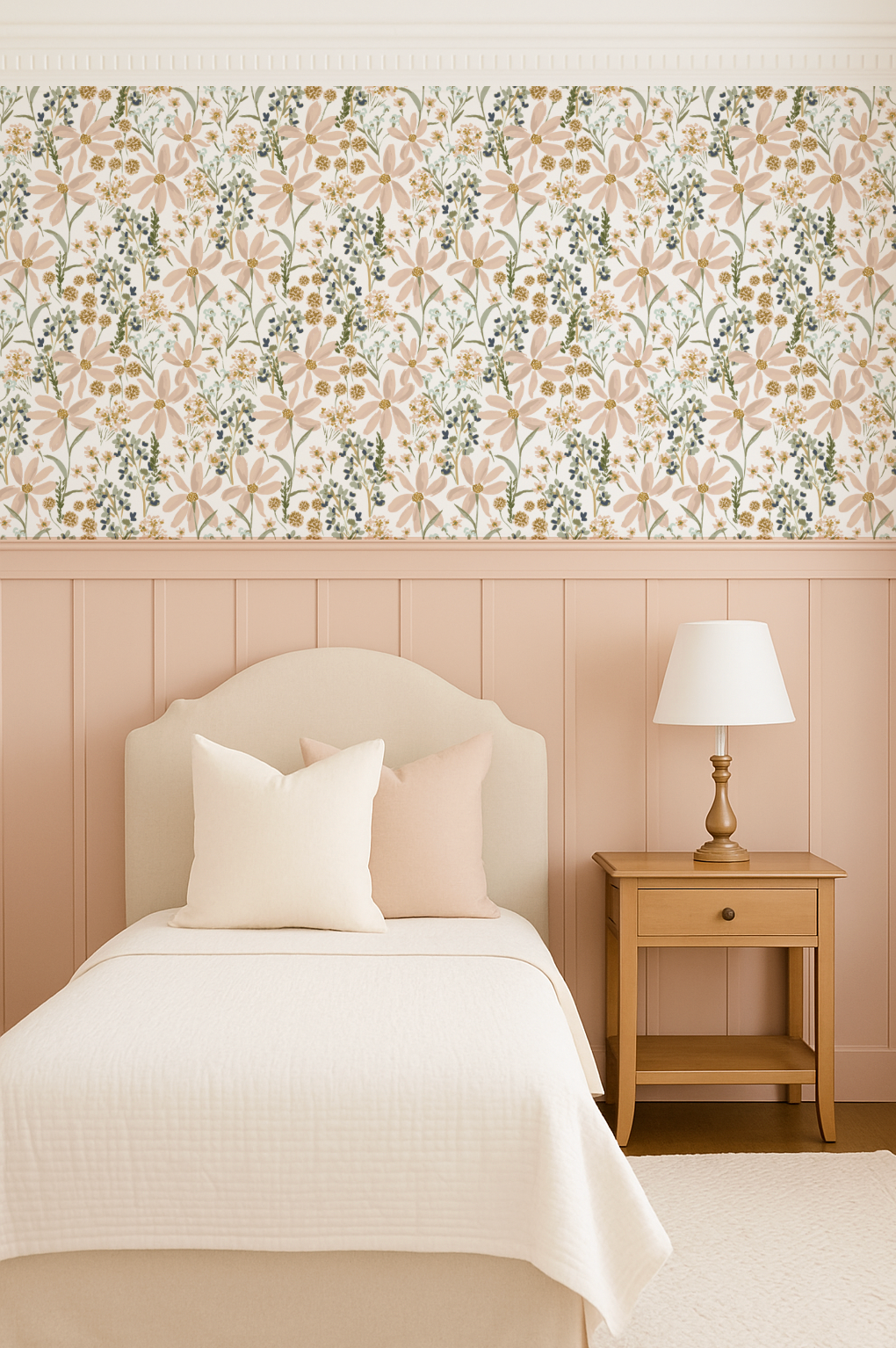 Bedroom with floral wallpaper, wooden nightstand, and lamp.