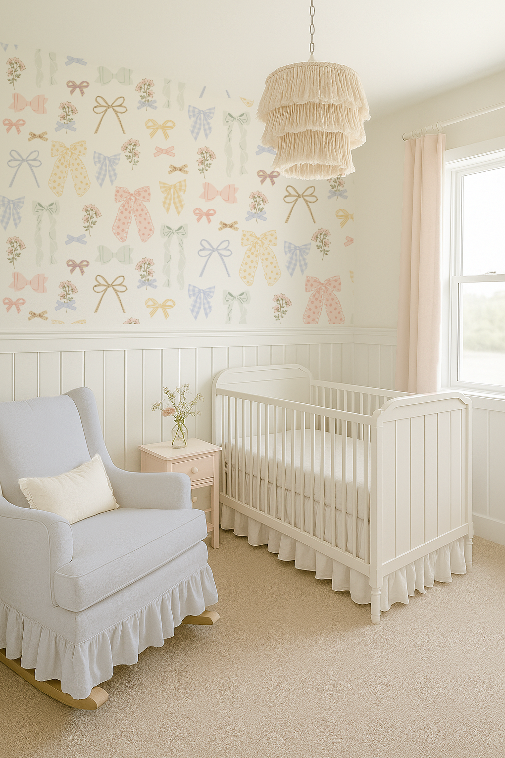 Nursery room with white crib, armchair, and decorative wall.