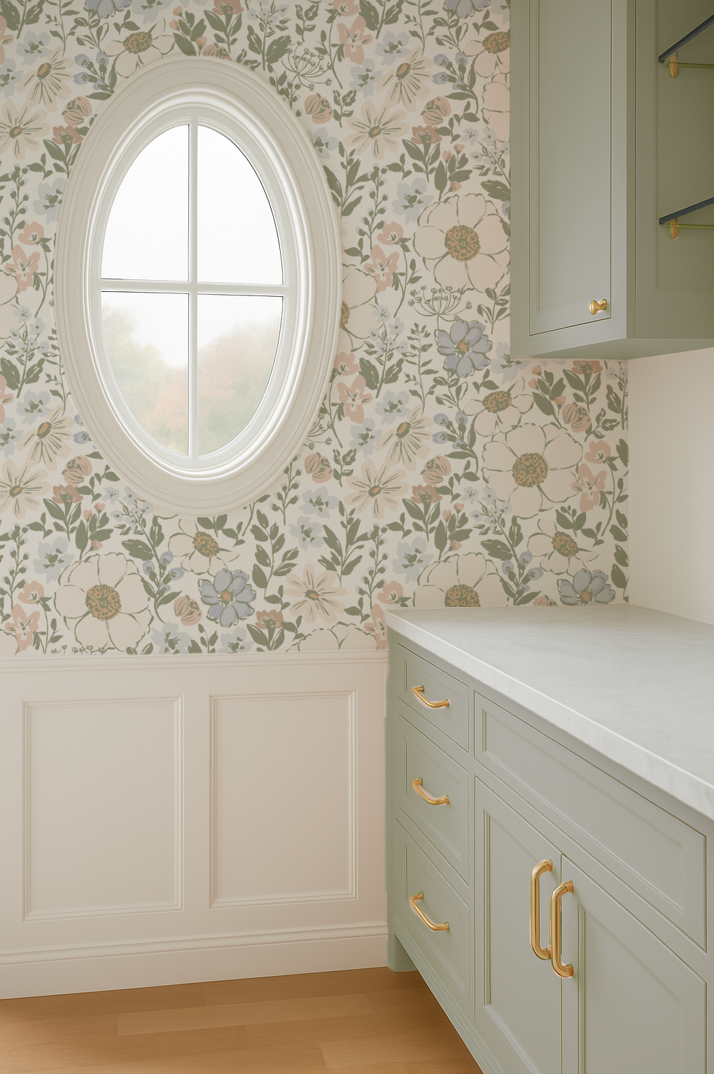 Pantry with floral wallpaper, round window, and light green cabinets.