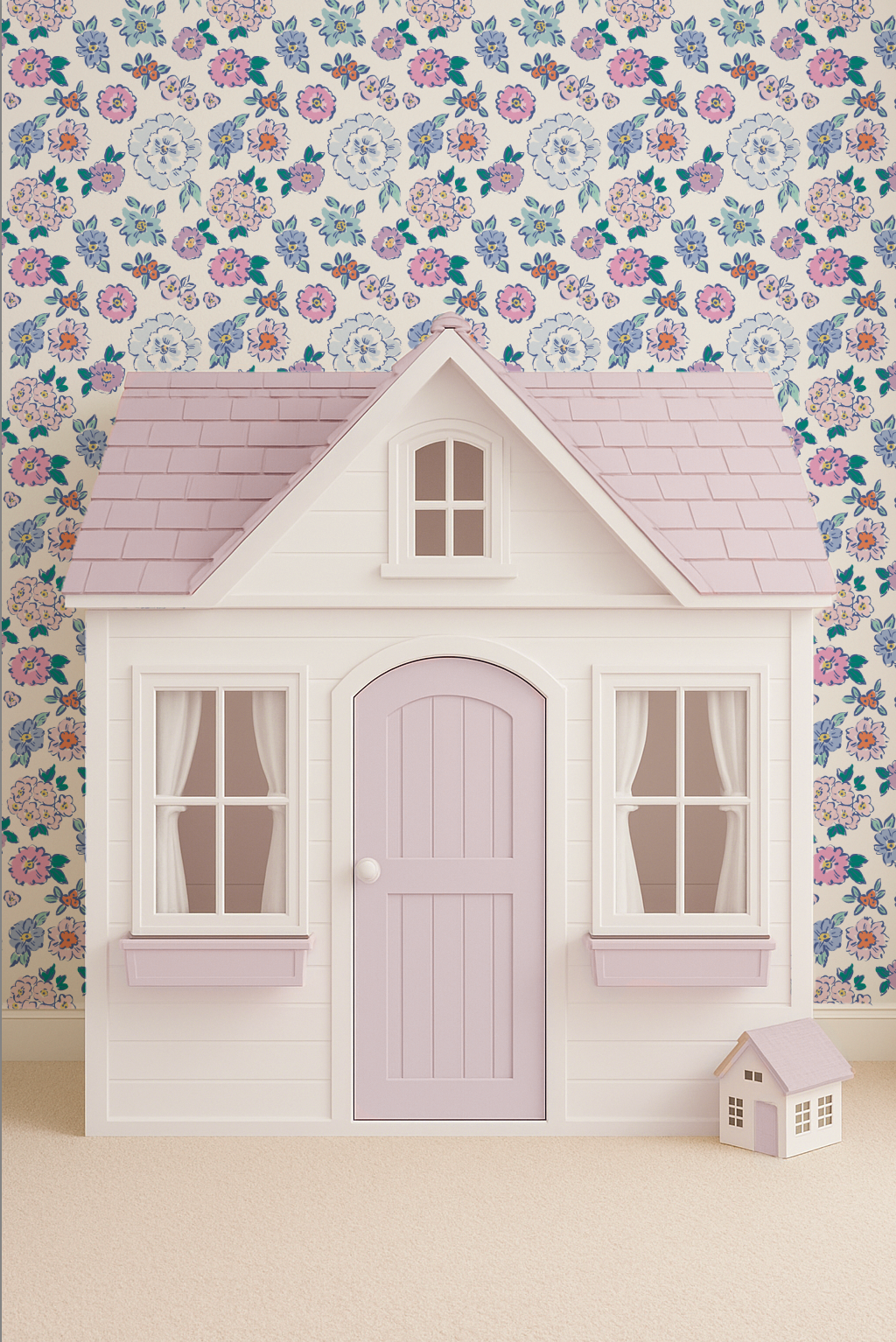 White toy house with a purple door against a floral wallpaper background