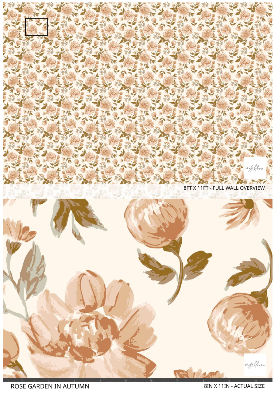floral wallpaper sample showing full scale and wall scale for girls rooms