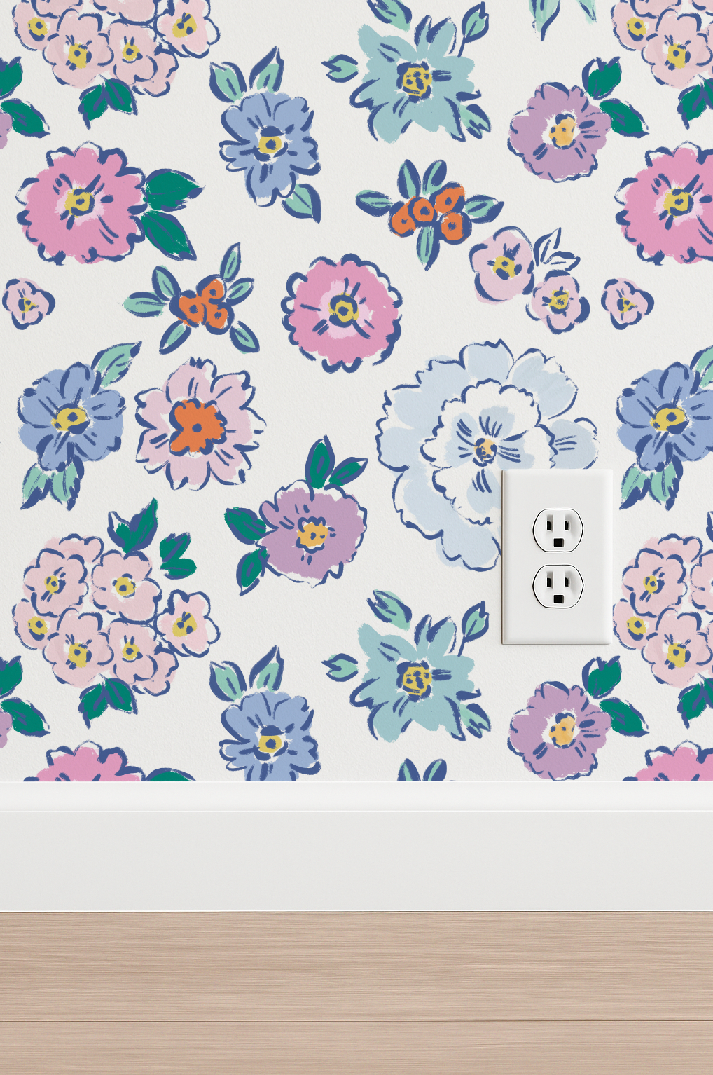 Floral wallpaper with colorful flowers on a white wall, featuring an electrical outlet.