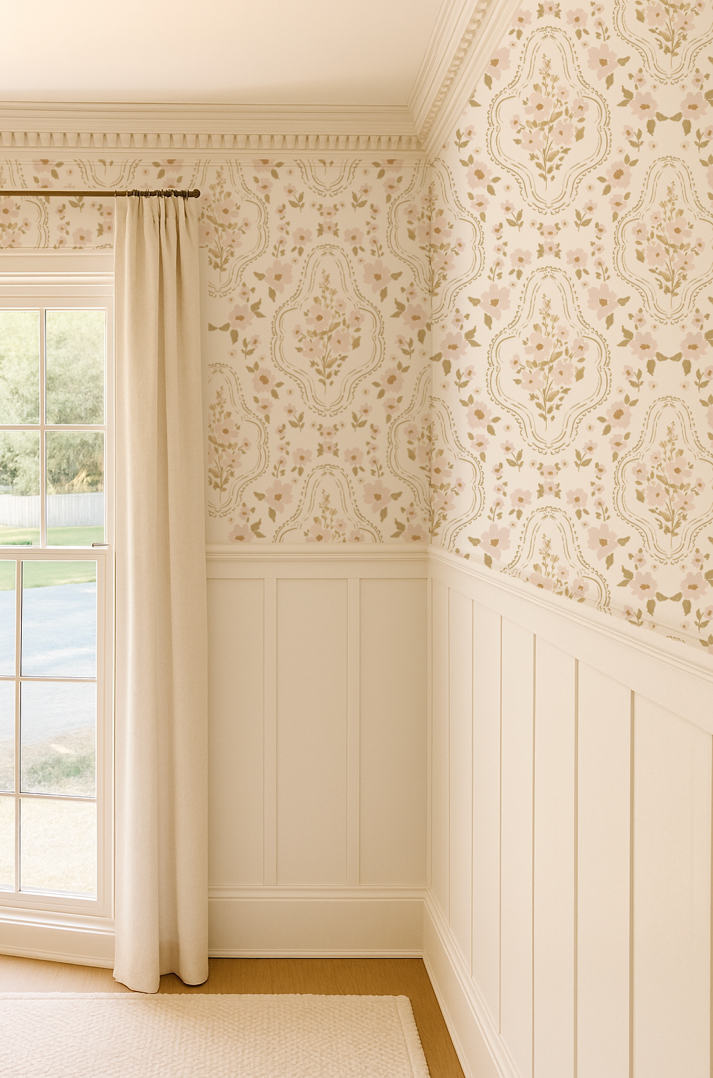 Decorative wallpaper with floral patterns in a room with a window and white paneling.