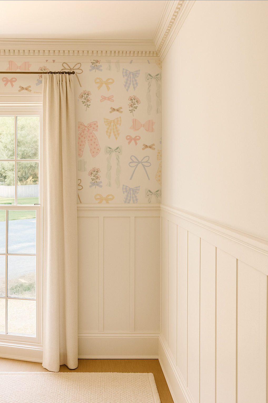 Room interior with decorative wallpaper featuring bows and a window with white curtains.