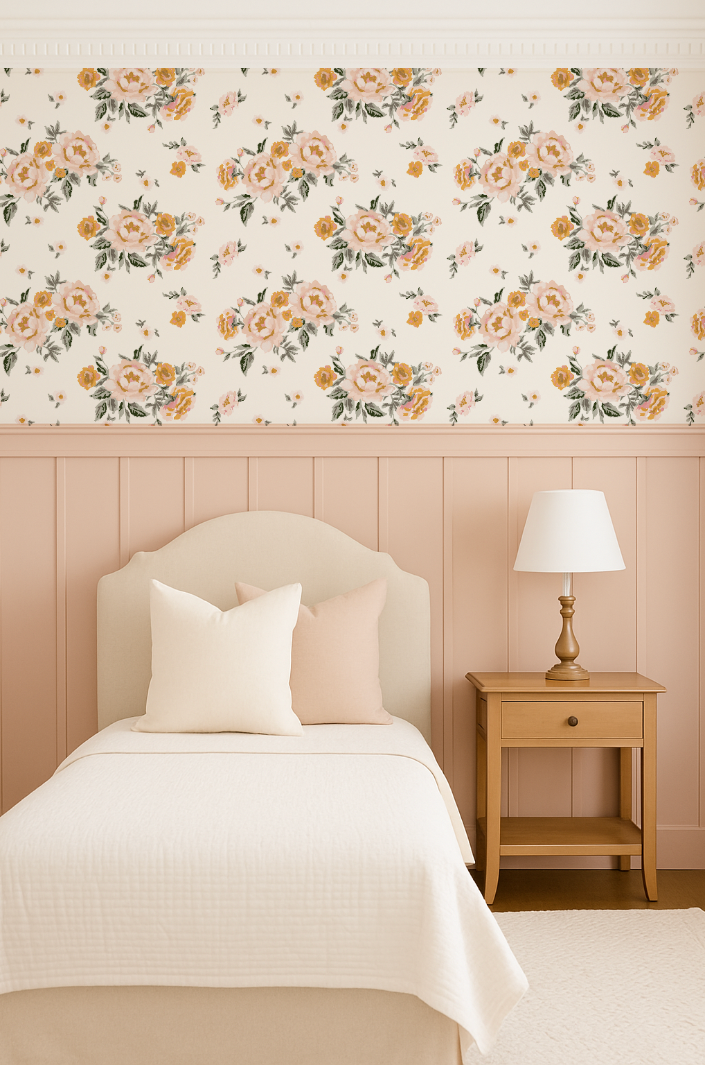 Bedroom with floral wallpaper, bed, and nightstand with lamp.