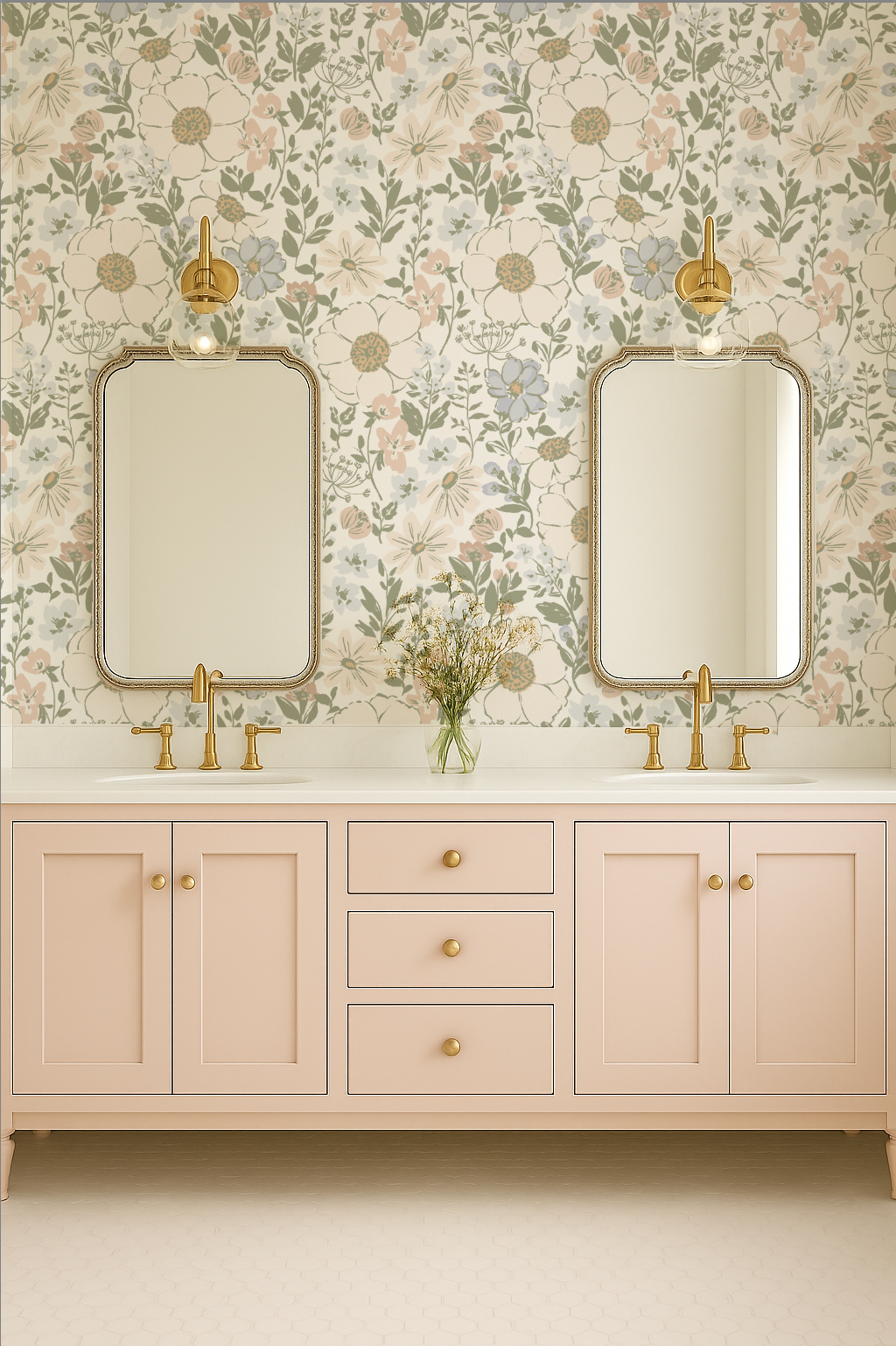 Bathroom vanity with floral wallpaper and gold fixtures