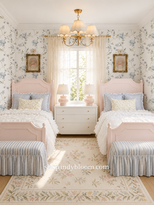 Floral wallpaper girls cottage core room with two pink beds floral rug and automans