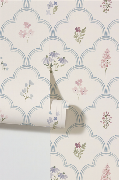 Ornate Meadow Wallpaper | Blue Lattice Floral Nursery Wallpaper