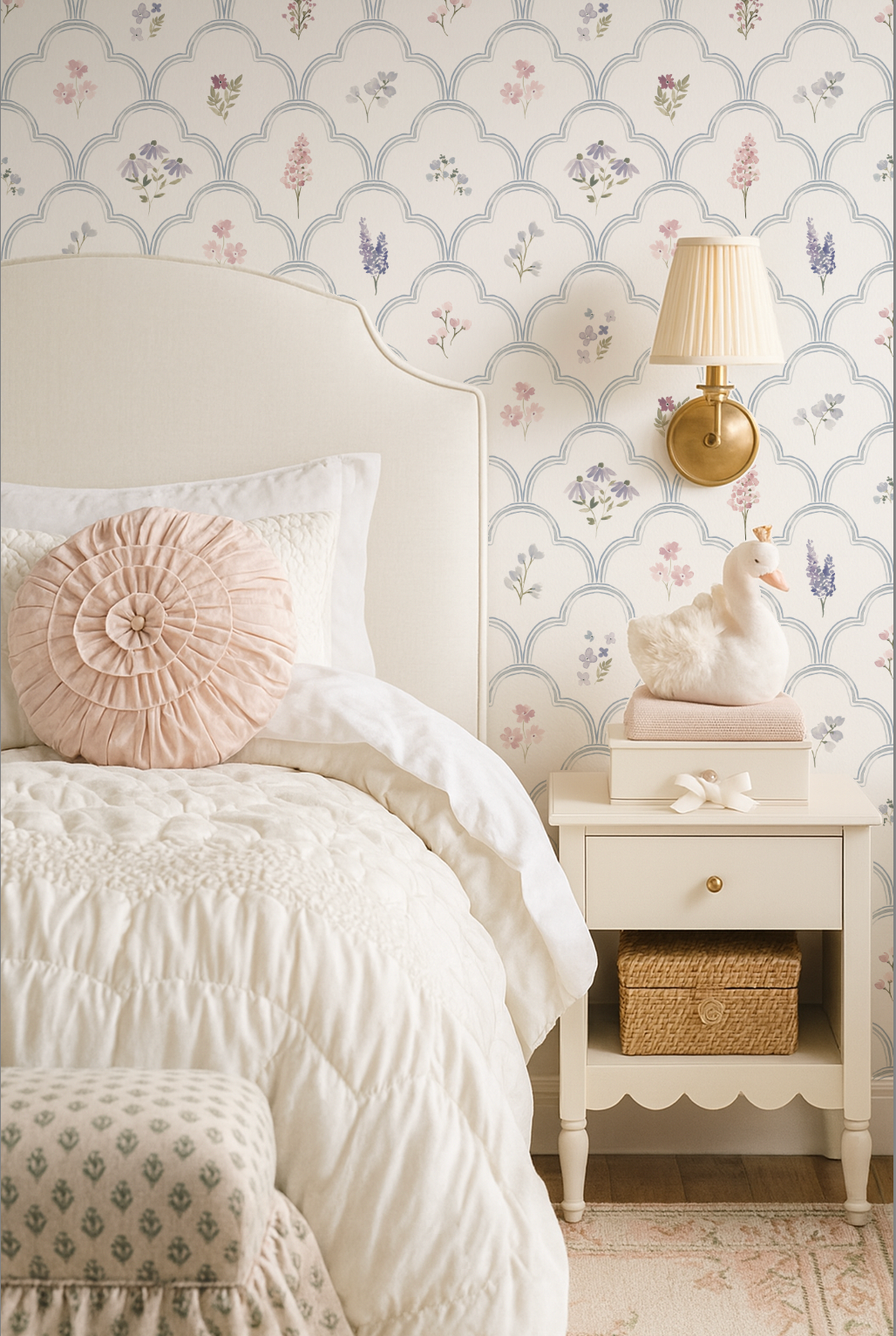 Ornate Meadow Wallpaper | Blue Lattice Floral Nursery Wallpaper