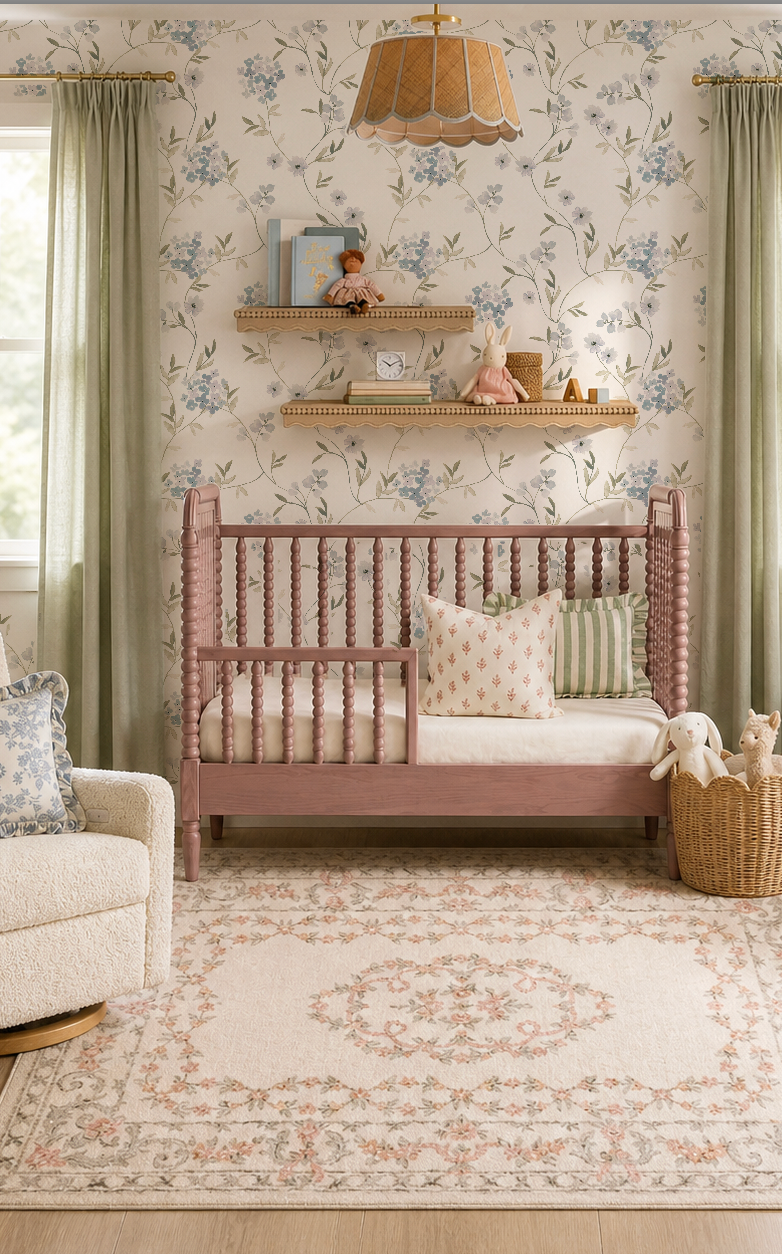 Children's room with floral wallpaper, wooden shelf, and pink daybed.