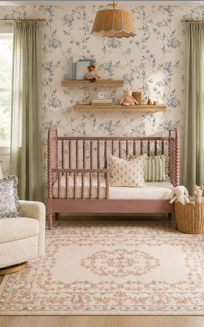 Children's room with floral wallpaper, wooden shelf, and pink daybed.