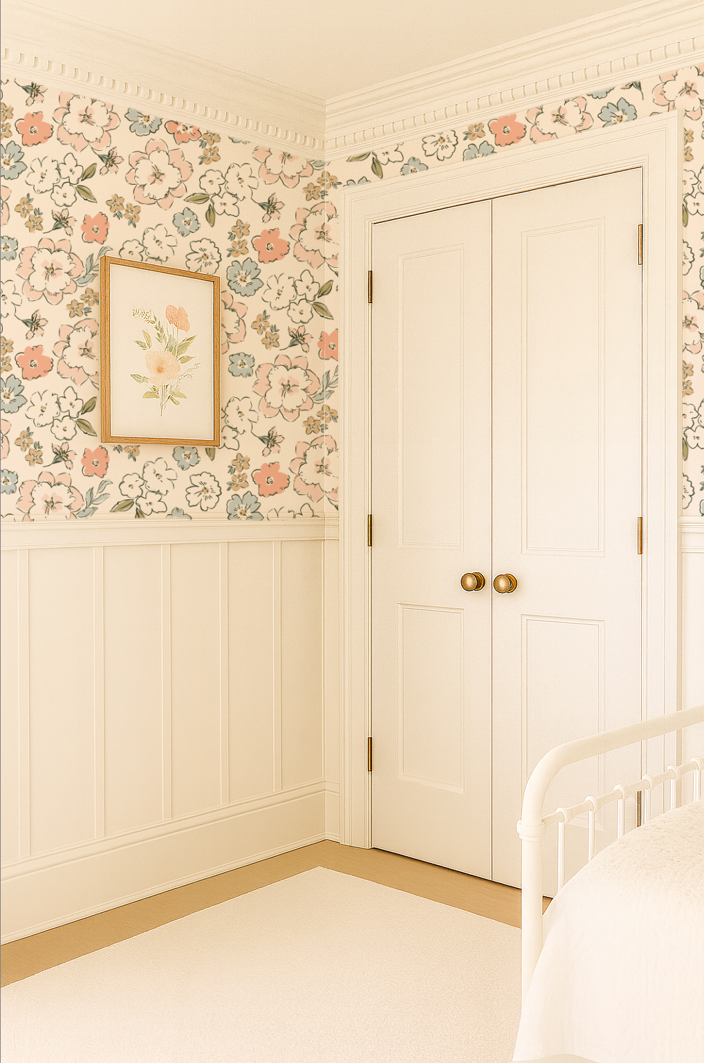 Decorative interior with floral wallpaper, framed picture, and white door.