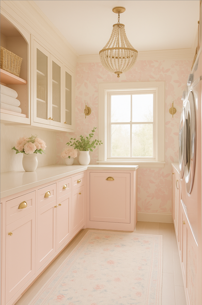 Laundry room blush pink floral wallpaper beaded chandelier cabinets 
