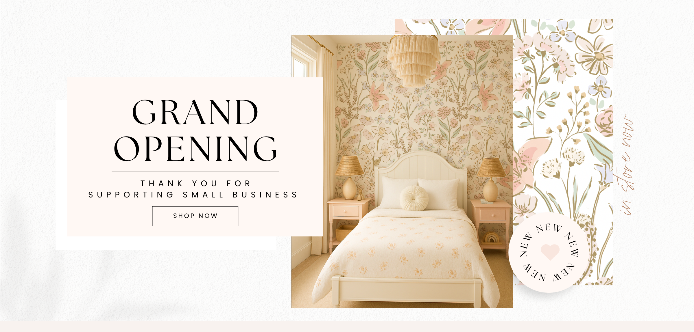 Bedroom with floral wallpaper and bed, promotional text for grand opening.